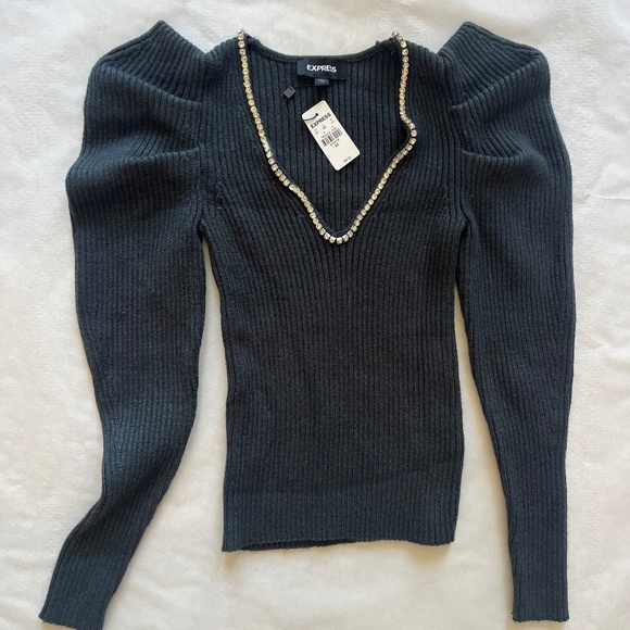 NWT Express Embellished Rhinestones V-Neck Puff Gray Sleeve Cocktail Sweater S - Picture 3 of 7